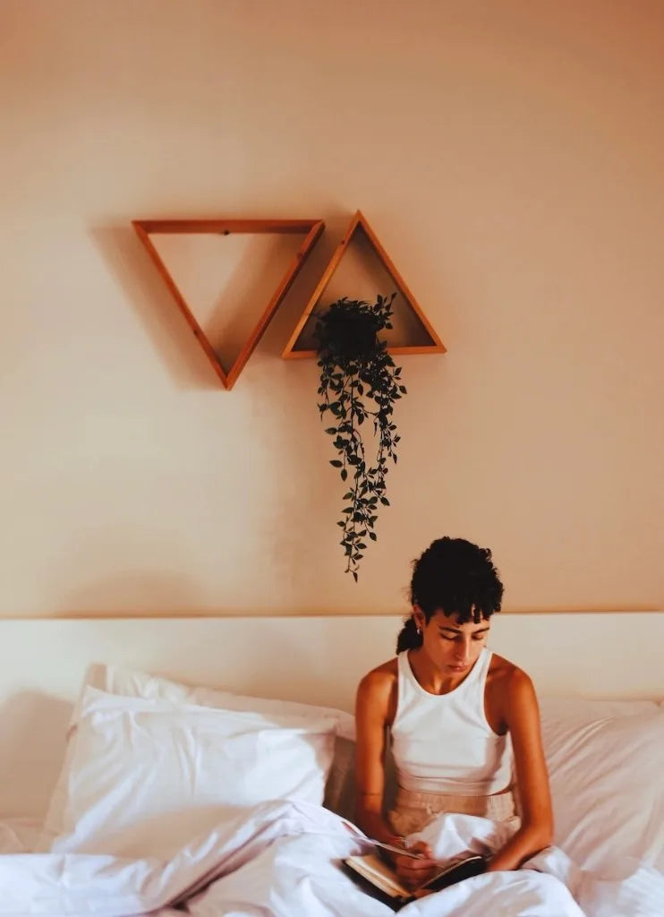 Woman reading in bed beneath triangular reclaimed-wood wall shelves with a trailing plant