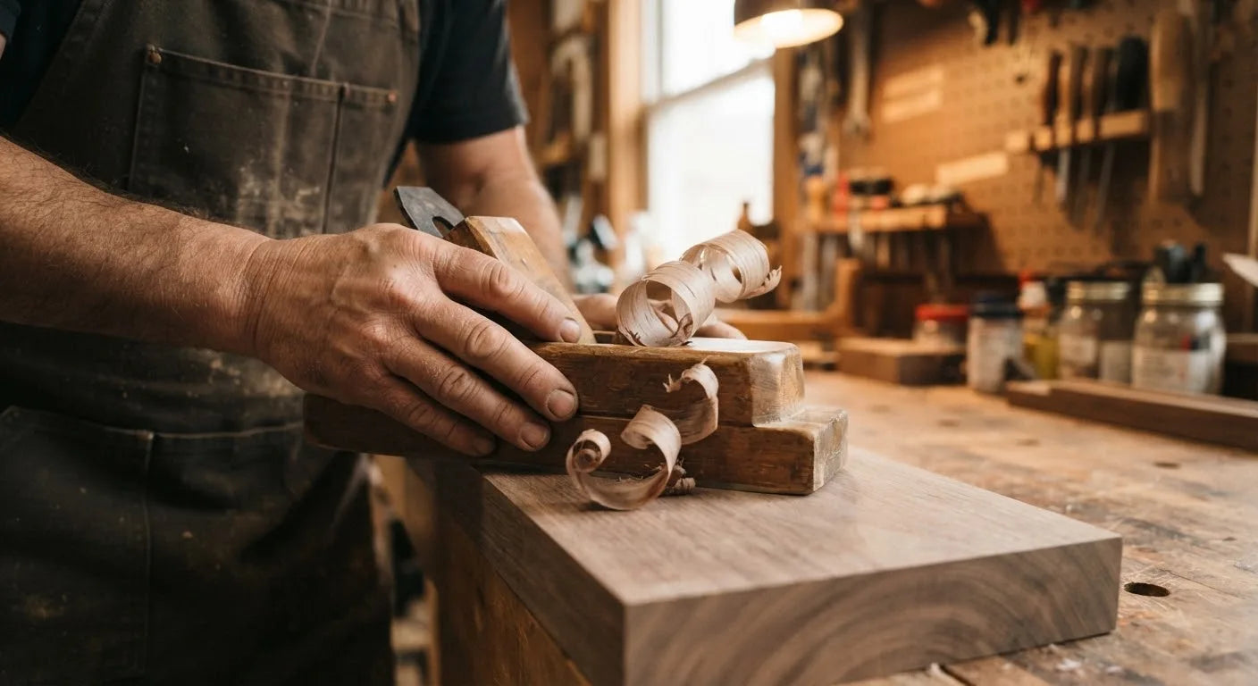 Woodwork tools and reclaimed timber in the studio