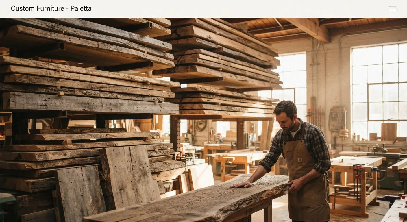 Woodworking workshop with stacked reclaimed wood