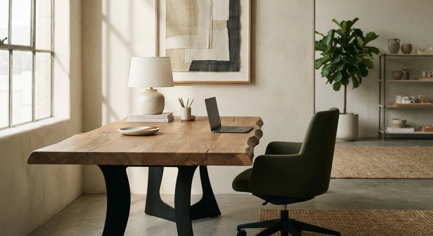 Custom reclaimed-oak desk in a naturally lit studio with warm bone walls
