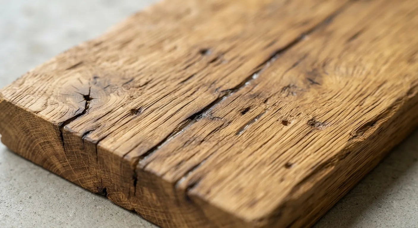 Close-up of weathered reclaimed oak grain with matte wax finish